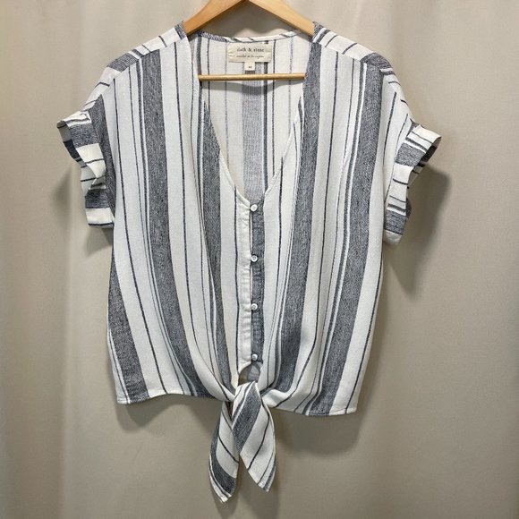 Cloth & Stone (Anthropologie) Waist Tie Blouse - White/Black, M - Picture 1 of 7